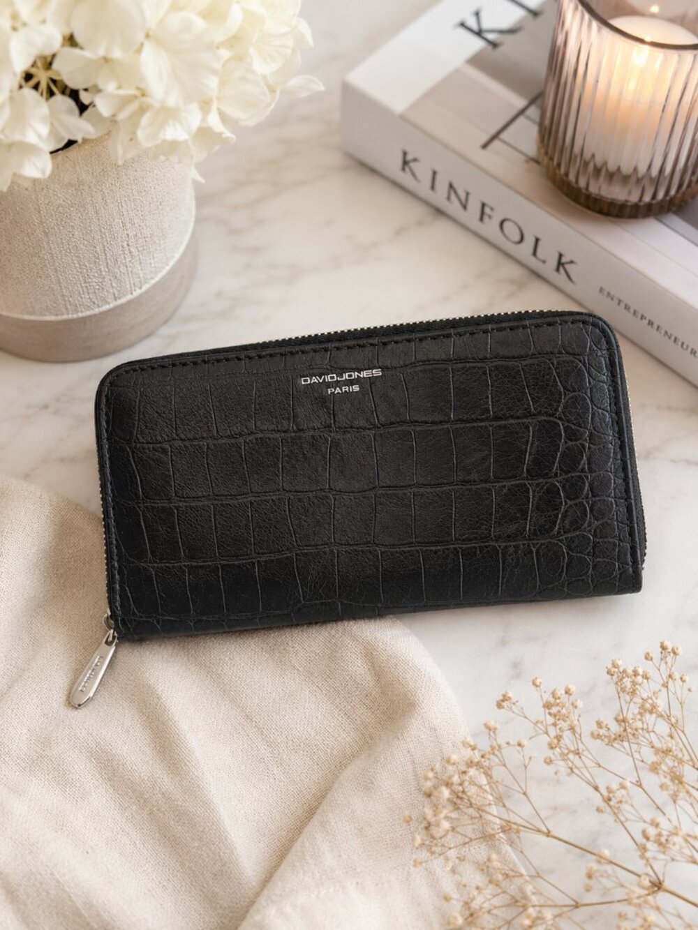 David Jones Paris Black Croc Embossed Zip Around Wallet